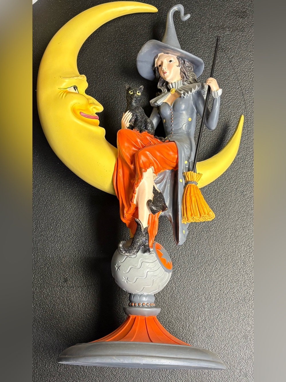 Witch on Crescent Moon Halloween Figurine - Gray & Orange